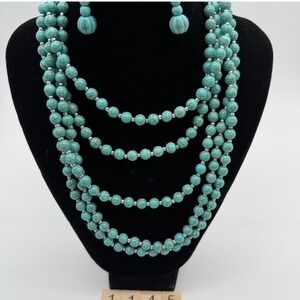 Turquoise colored Bead Necklace Set with‎ Earrings 48" long